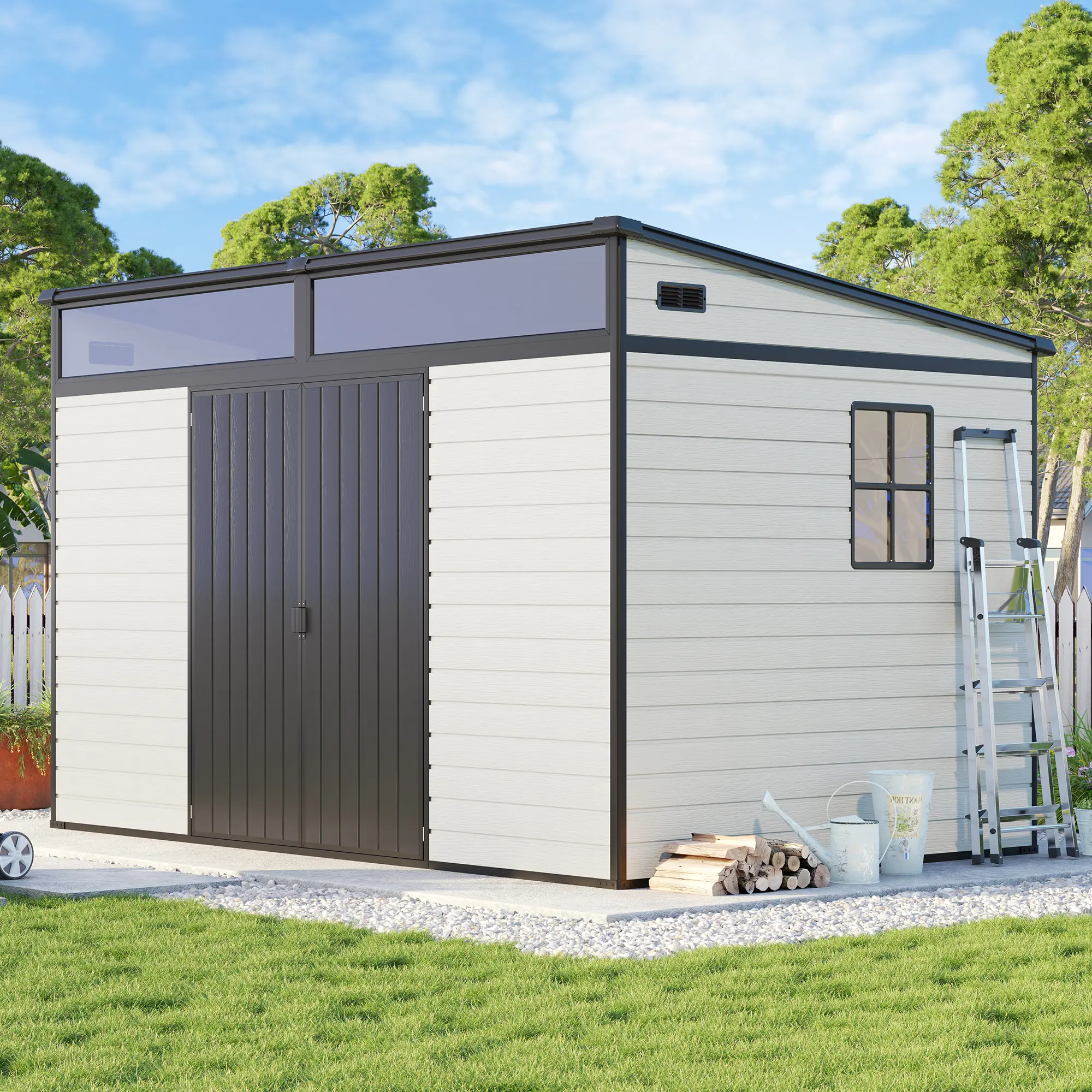 [Ships in 3 Boxes] [Summerwins] [SummerFinds] AMERLIFE Outdoor Resin Storage Shed with Floor & Doors, Sloped Roof Garden Shed with Skylight Panels, Window & Vents, Waterproof UV-Resistant Tool Sheds for Garden, Lawn, Backyard