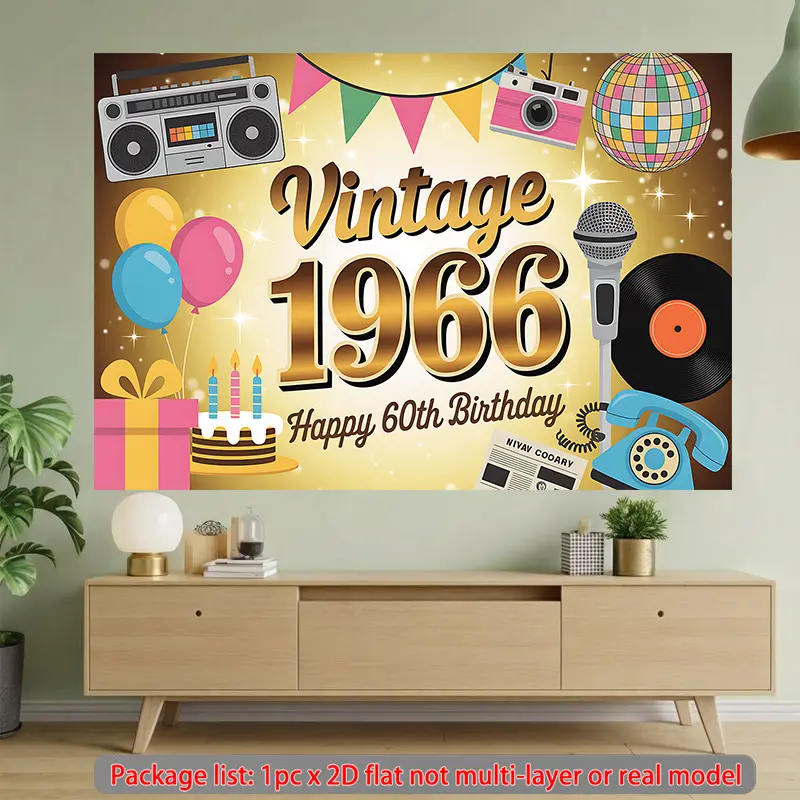 2D Flat, 2D Flat Banner, 1pc, Vintage 1966 Happy 60th Birthday, Vintage Birthday Background Cloth, Multi-Scene Decor for Family Gatherings & Birthday Parties, 2D Flat