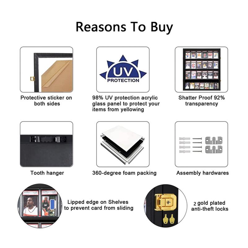 IHEIPYE Baseball Card Display Case 24 Graded Sport Card Display Case Vertical Wall Mount with Clear View and UV Protection Acrylic Door for Baseball Football Basketball Hockey Trading Card Collection, Black