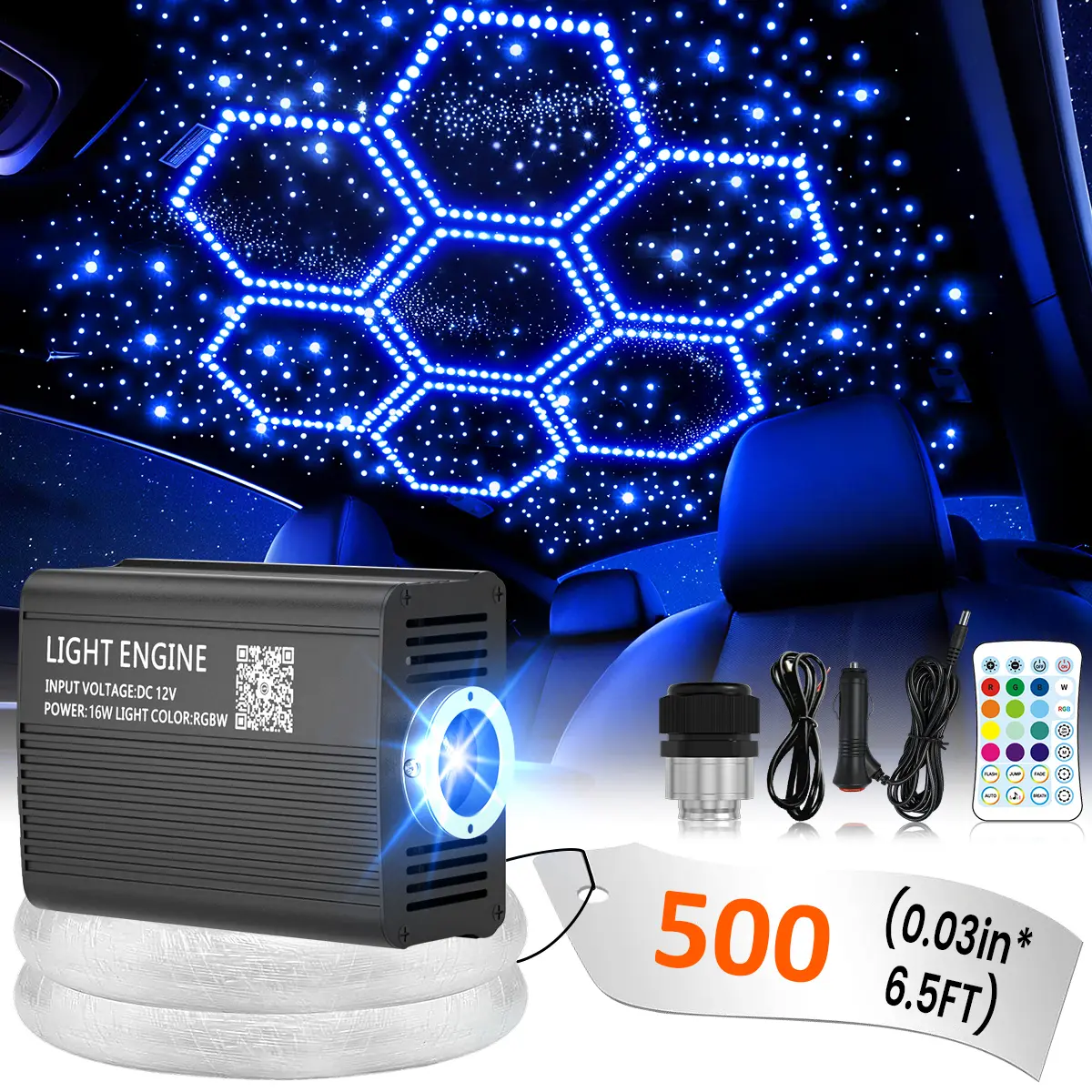 RGBW Star Ceiling Fiber Optic Lights Kit, 500x0.03in 6.5ft/9.8ft Fibers, 16W Bluetooth APP Control, Adjustable Flash & Meteor Effects, Star Projector Headliner with Strobe Car Lights for Home Theater, Car Interior Ambient Lighting, Car Interior L