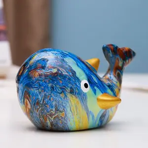 Cute Ceramic Whale Craft Decor, Water Transfer Print Texture, Handmade Ornament for Entryway Desk