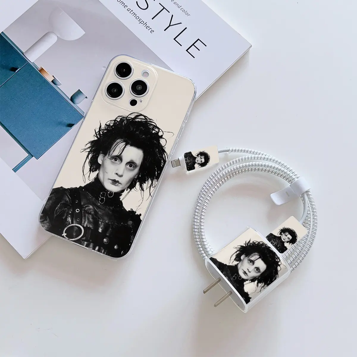 6 Piece Transparent Edward Scissorhands Phone Case Set, Includes Charger Cover & Cable Protector, Anti-Drop Tpu Shell for iPhone Models