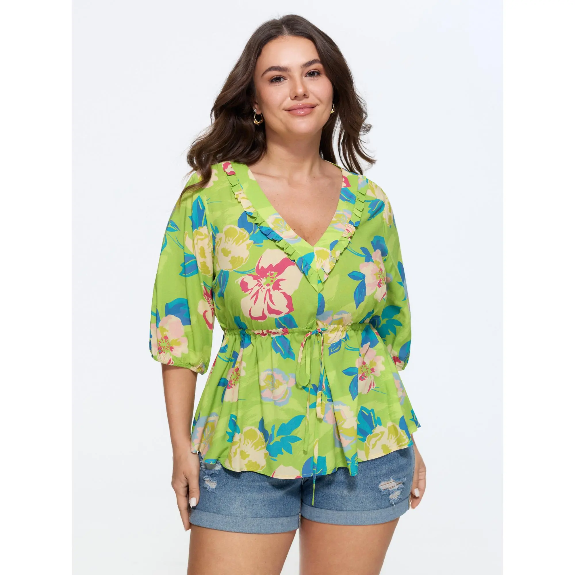 BLOOMCHIC Women's Plus Size Supersoft Smooth Rayon Fabric Floral Print Drawstring Blouse with Sleeve, Plus Size Garment [M-6X] 2026 Summerfinds, Fit, Shirts, Tops, Short Top, Flower Pattern, Waist Drawcord