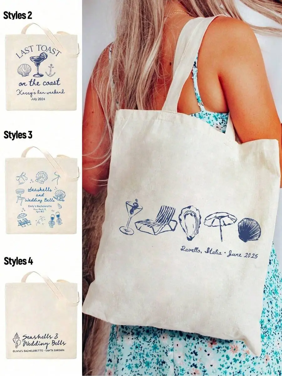 Customized Shell & Wedding Bell Pattern Beach Tote Bag, Personalized Bachelorette Party Tote Bag With Location & Name, Wedding Gift Bride Favor Bag, Bachelorette Party Or Wedding Customized Tote Bag | Coastal Bridesmaid Bag | Summer Welcome Bag | Beach W