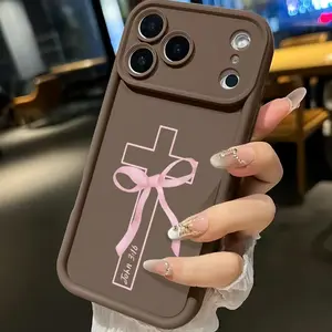 Delicate Pink Ribbon Bow Cross Phone Case Combining Soft Pink Bow And Timeless Cross Symbol Featuring A Thickened Soft Tpu Back And Raised Camera Step Design Blending Cloud-Like Comfort With Reliable Lens Protection For iPhone 17 16 15 14 13 12 11 X XS