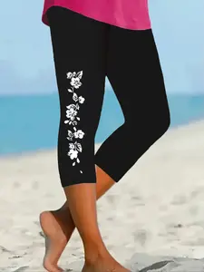 Women's Seven-Eleven Pants, Floral Print Tight-Fit Bottoms, All-Season Everyday Skinny Trousers, Comfortable & Stylish Design