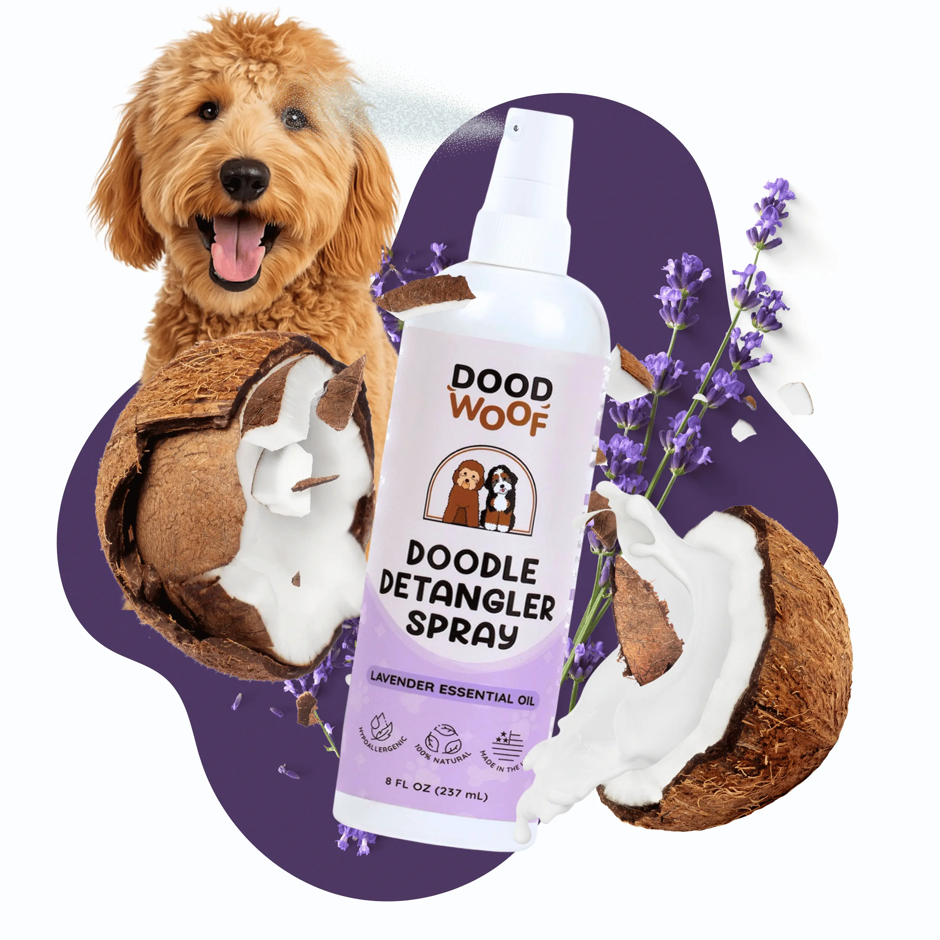 Dood Woof Dog Detangler  Spray for Doodle - All Natural, No Silicone, No Paraben, No SLS - Goldendoodle, Bernedoodle, Poodle Puppy Demat