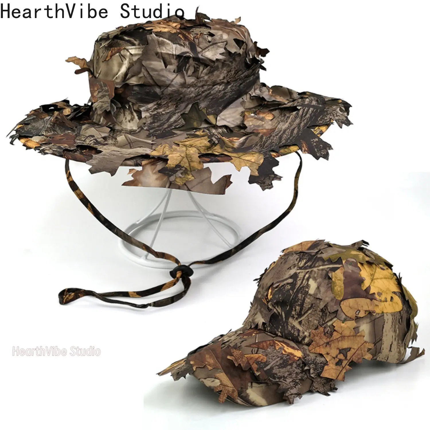 Men's 3D Leaves Camouflage Boonie Hat - Tactical Ghillie Adjustable Unisex Outdoor Cap, Sun Shade Hiking Hat, Sports & Outdoor Headwear for Hunting, Fishing, Hiking Hats