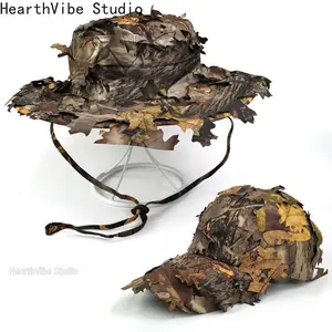 Men's Camouflage Boonie Hats 3D Leaves Camo Tactical Cap Ghillie Caps Hunter Sniper Hats Fishing Sunshade Hunting Accessories