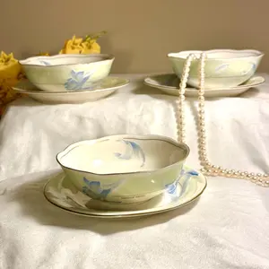 Hanae Mori "Madam Butterfly" 10-Piece Porcelain Dessert Set - Blue Iris & Scalloped Gold Trim - Crafted by Yamaka Japan