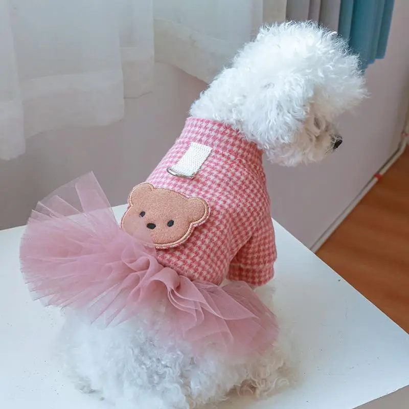 Bear Print Small Pet Skirt, Houndstooth Coat Pink Plaid Jacket Winter Tutu for Small Dogs Dress Up, Warm Fashion Jacket Fleeced Princess Dress, Pets A