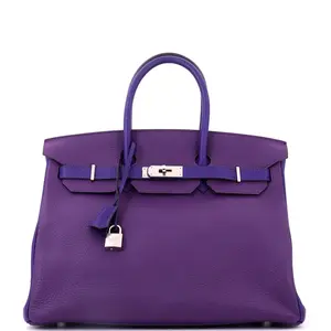 Pre-owned HERMÈS Leather Top Handle Bags Hermes Birkin Handbag Bicolor Clemence with Palladium Hardware 35 by Rebag