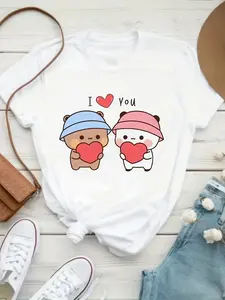 Unisex T-Shirt Suitable for Everyone, Bubu Dudu Couple T-Shirt| Cute And Fun Design| Special Gift for Couples| Versatile Women'S Printed T-Shirt for Spring And Summer, Machine Washable, Made of 95% Polyester And 6% Spandex Knit Fabric, Regular Length.