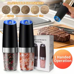 Gravity Electric Salt Pepper Grinder Set, Battery Powered LED Light One Hand Automatic Operation, Adjustable Thickness Grinding Vibrating Screen Black, Kitchen Gadget Gift Ideas