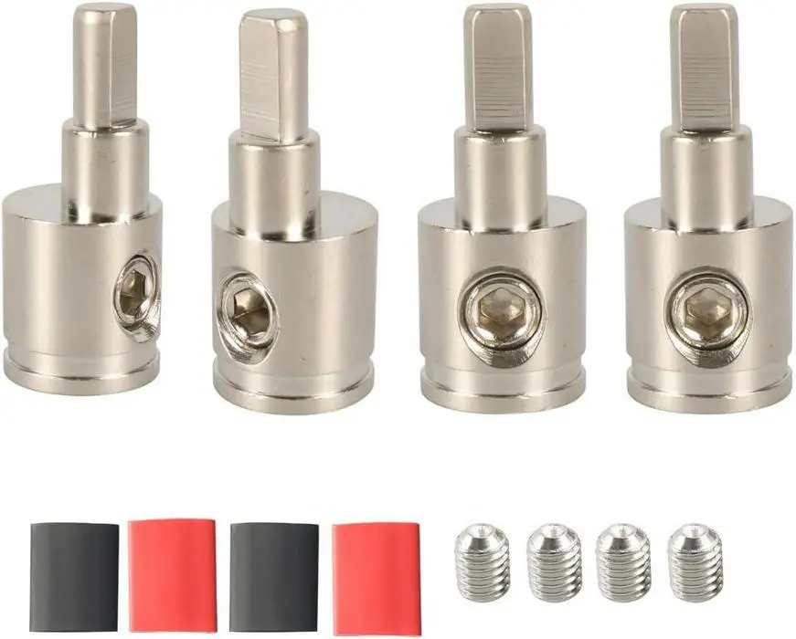 4-Pack 0 Gauge to 4 Gauge Wire Reducer – Heavy-Duty Nickel-Plated Brass Amp Input Adapters for Car Audio Power & Ground Connections – Includes Heat Shrink Tubing and Mounting Screws for Secure, Professional Installations