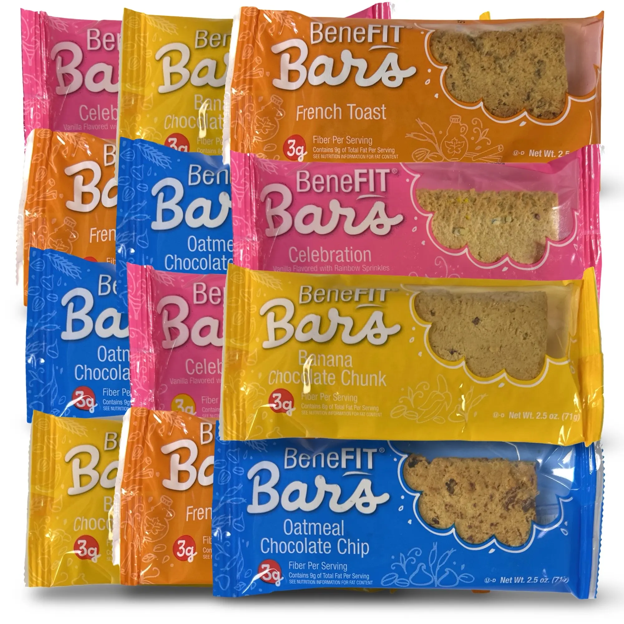 4 Flavor Benefit Bar Variety Featuring Banana Chocolate Chunk, Oatmeal Chocolate Chip, French Toast and Celebration Bar