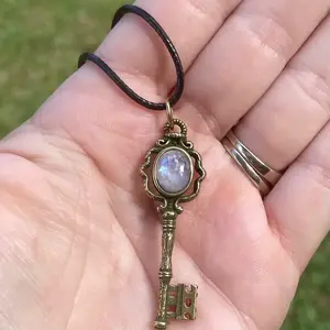 Wrapped Wish B Moonstone Hecate Key Pendant Neckalce With Cord Chain