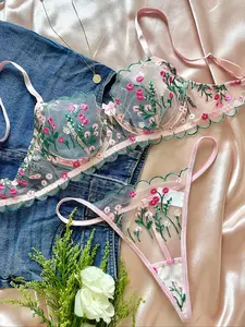 Women's Cute Embroidered Floral Lingerie Set, Sexy Christmas Halloween Gift, Comfortable Soft Underwire Bra and Thong