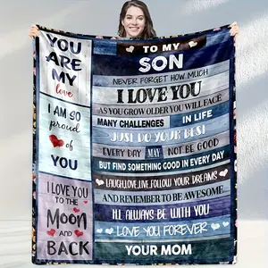 Flannel Blanket For Son - Heartfelt Gift From Mom With Inspirational Messages, Soft & Cozy Reversible Design, All-Season Use, Tear-Resistant, Hand Wash Only, Cozy Home Accessory |   Contemporary Blanket |   Polyester Durability, Blanket