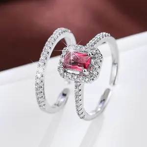 2Pcs Silver Plated Pink Ruby CZ Ring Set - Emerald Cut Cubic Zirconia Engagement & Wedding Stackable Promise Rings for Women