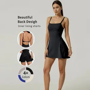Women's Backless Tennis Dress with Spaghetti Straps — Square Neck, Side Slit Athletic Golf Dress for Workout & Gym