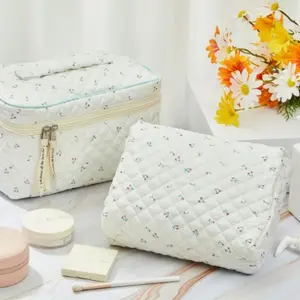 2-Pack Women's Cotton Quilted Makeup Bags Set (1 Large + 1 Small) – Travel Cosmetic Pouch, Toiletry Organizer, Waterproof Wash Bag for Daily Use