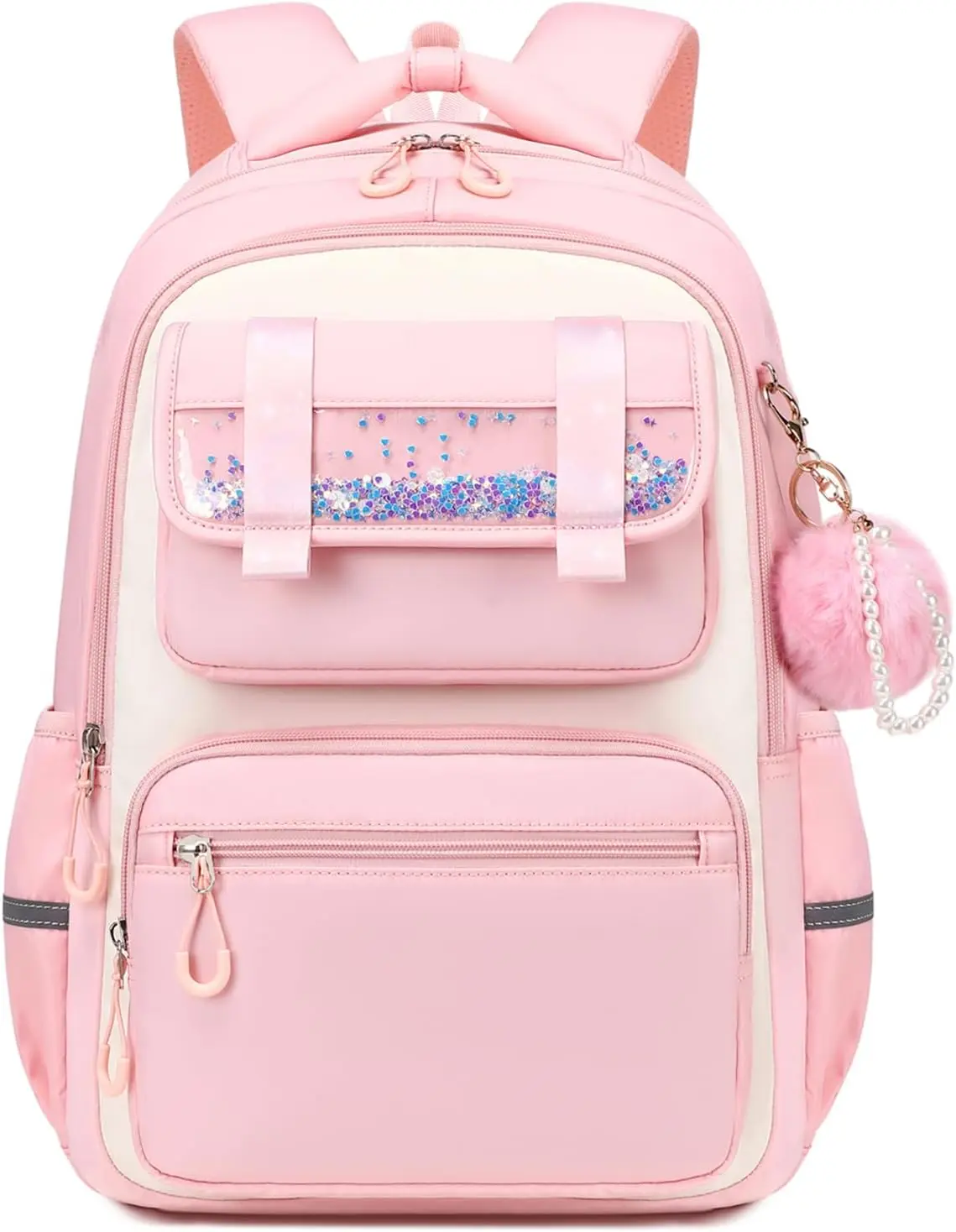 Girls Backpack for School, Cute Kawaii Elementary & Middle School Backpack for Kids & Teen Girls, Pink White Bookbag
