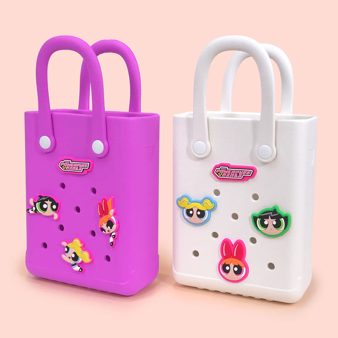 MINISO x The Powerpuff Girls Small Hole Tote Bag Waterproof EVA Silicone DIY Handbag with Detachable Blossom Bubbles Buttercup Charms Y2K Summer Beach Aesthetic Cute Gift