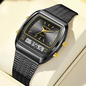 FOXBOX Retro Futuristic Analog Digital Sport Watch with Milanese Mesh Strap, Unique 2 Zone Dial with Light and Thin Design, Multiple Color Options, Gift Box Included