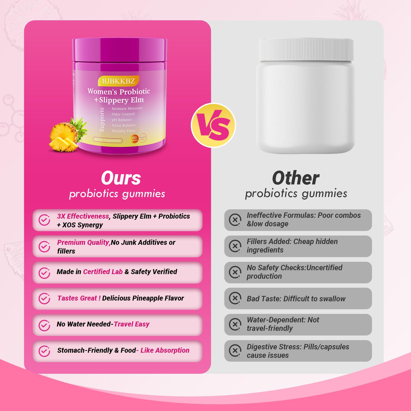 BJBKKBZ Women's Probiotic + Slippery Elm Gummies, Pineapple Flavor, Supports pH Balance, Yeast Balance & Intimate Health, 60 Count Dietary Supplement