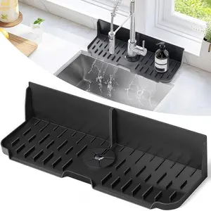 Silicone Kitchen Sink auto Drain Organizer, Kitchen countertop and Sink Splash Guard, Suitable for Cleaning Tools, dispensers, Bottles, Cups (Black)