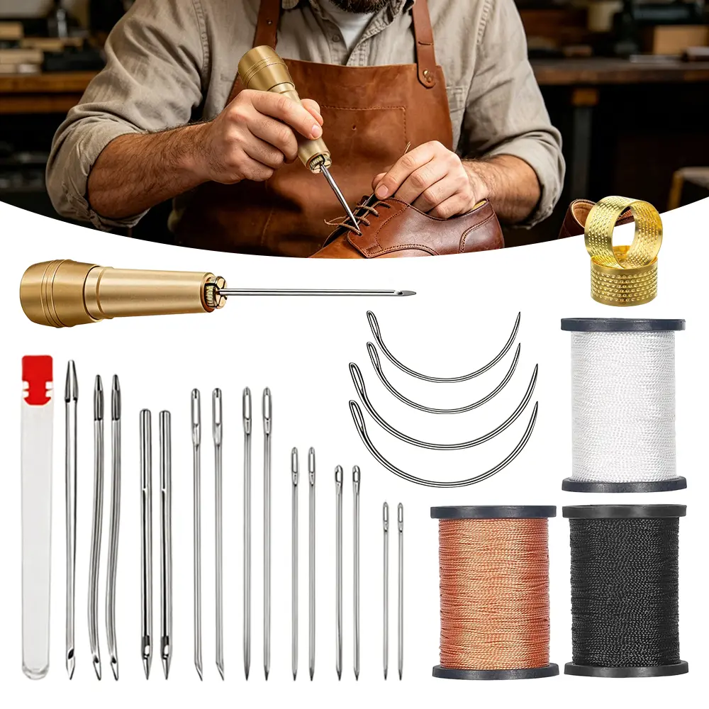 1 Set Leather Sewing Awl Kit Including 3 Roll 50m Thread and Thimble Canvas Leather Sewing Awl Needle with Copper Handle with 6 Needles for Craft Needle Kit Shoe Repair Tool