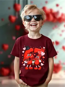 Boys Valentine's Day Parent-Child Date T-Shirt, Cute Hat Bowknot Design, Heart Print, Trendy for Kids, Perfect Gift