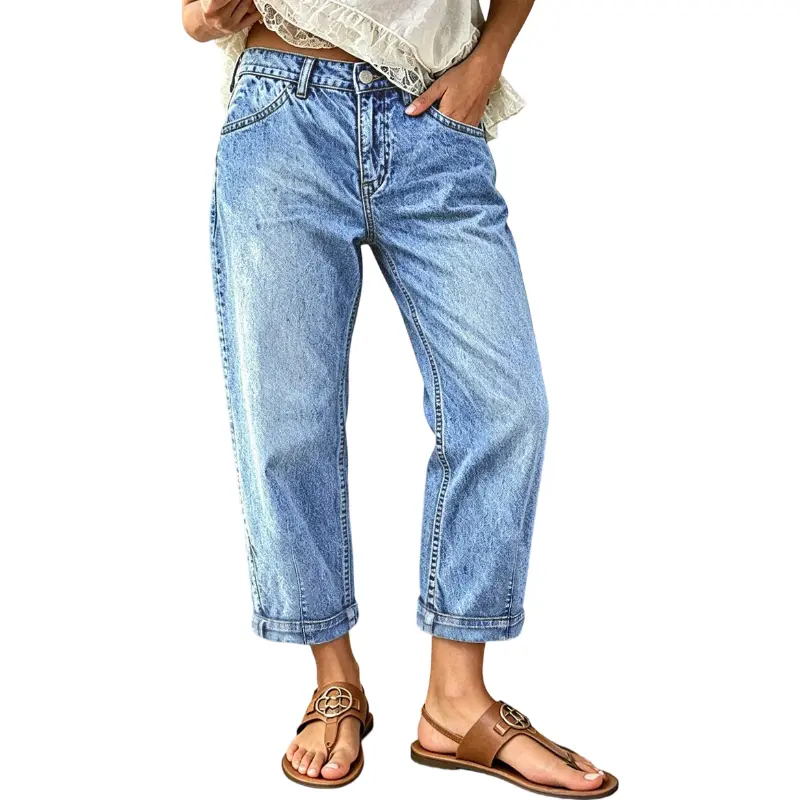 Flamingals Wash Stitch Detail Mid Waist Tapered Crop Jeans Stretchy 22.4''Inseam