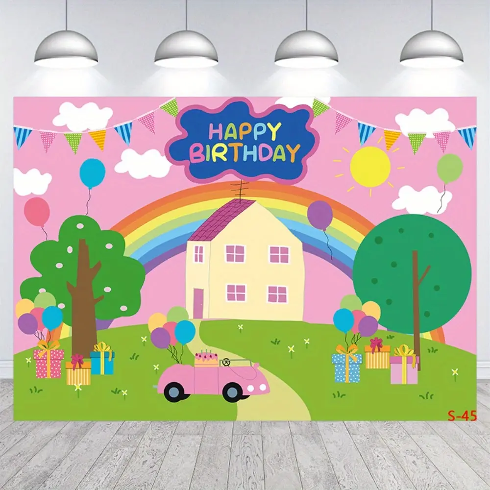 Colorful Rectangular Pink Pig Themed Birthday Party Tapestry for Girls, 60x40in Home Decor Backdrop, Cartoon House-Trees Decoration, Princess Photo Booth Prop, Machine Washable Birthday Decor Accessory