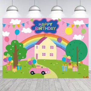 Happy Birthday Party Backdrop for Girls Kids Pink Pig Themed Bday Banner Cartoon House Trees Princess Photo Booth Props Cake Table Decorations Favors Photography Background 60X40 Gift Wall