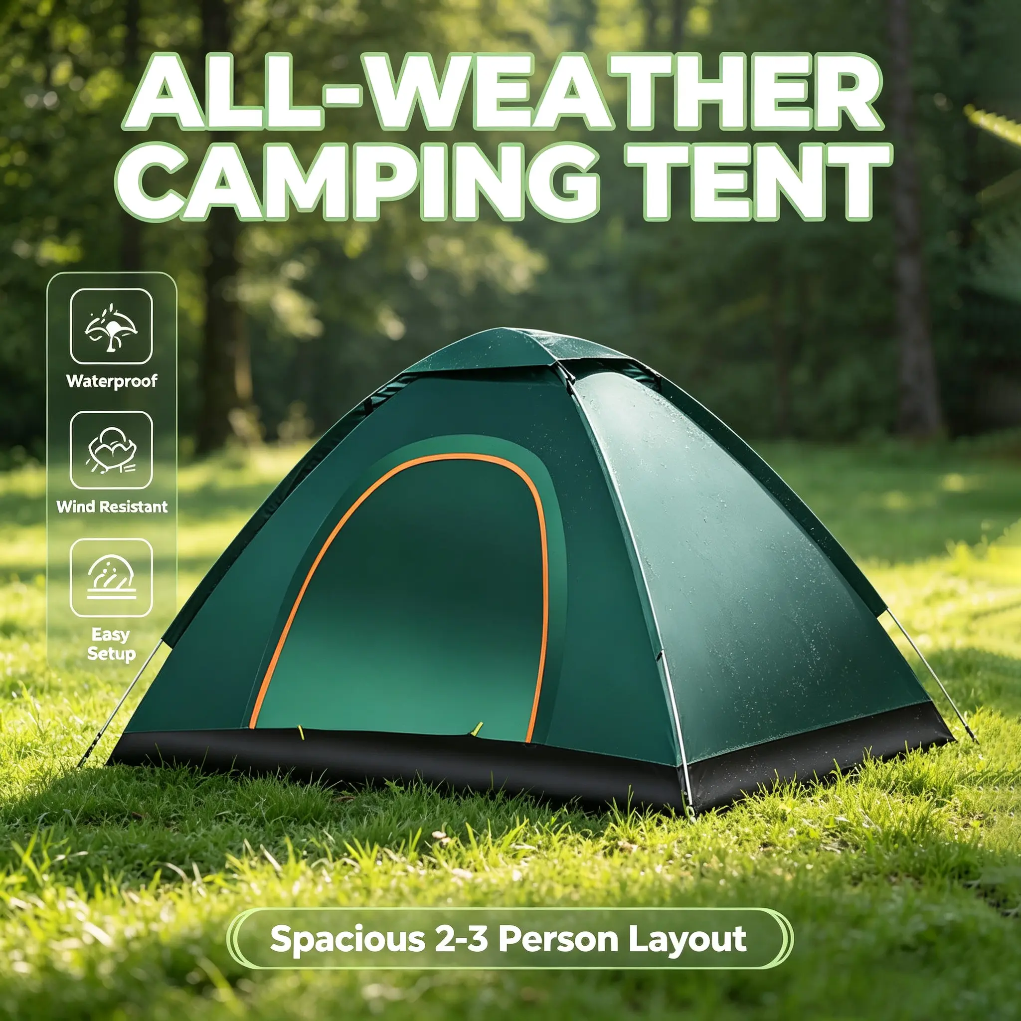 2-Person Pop Up Camping Tent, Waterproof Lightweight Outdoor Backpacking Tent for Beach, Hiking & Travel  (dark green color). Double-person tent. camp setup bed