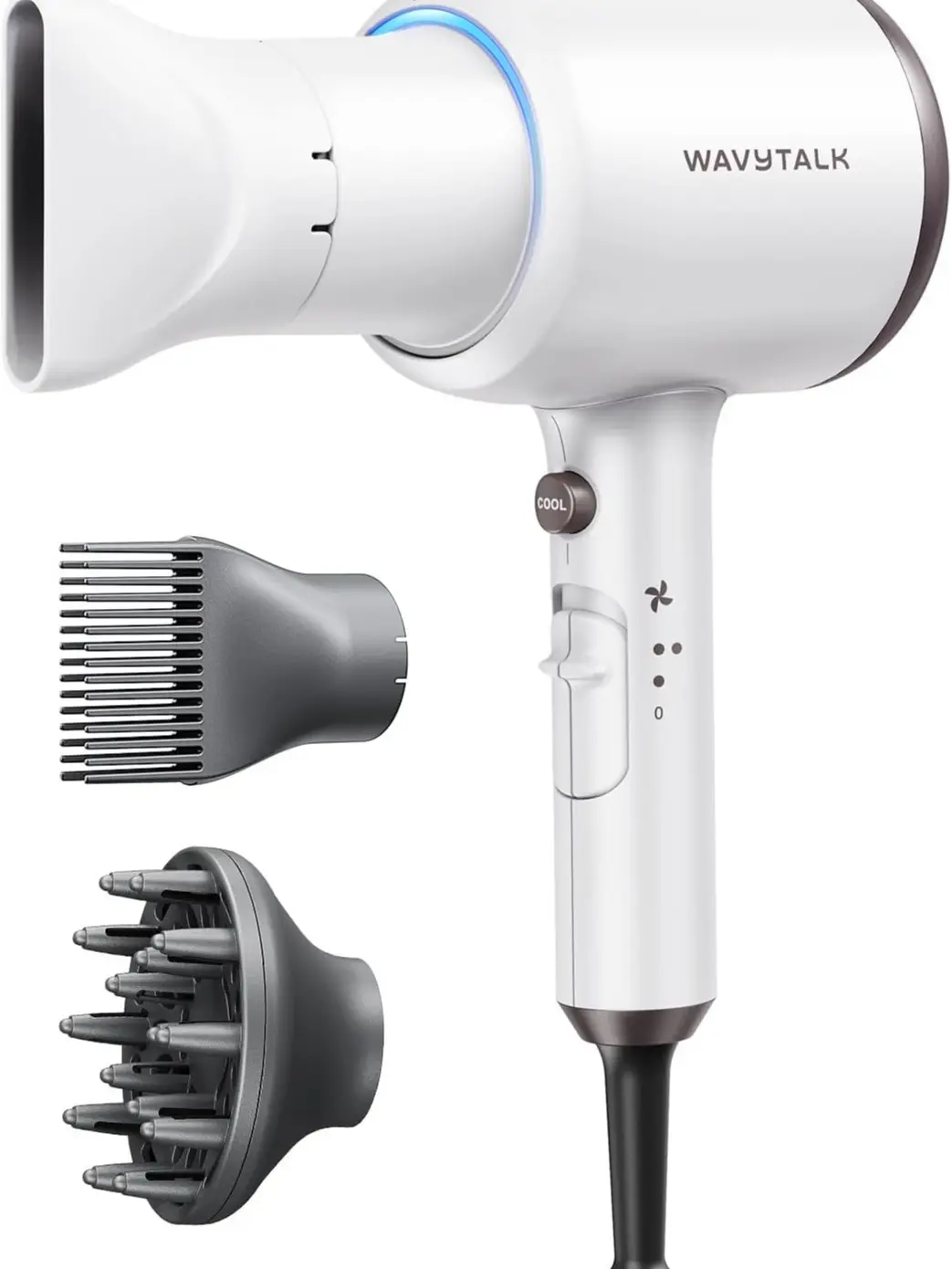 Wavytalk Blown Away Ionic Hair Dryer with Diffuser for Curly Hair | 1875W Fast Drying, 3 Attachments for All Hair Types, Ceramic Healthy Shine, Lightweight & Quiet (White)