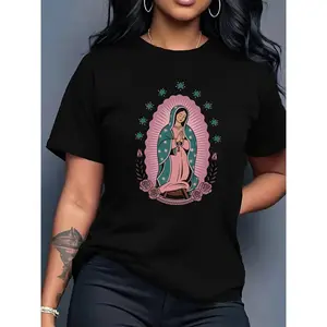 100% Cotton T-Shirt for Women Elegant Fashion Retro Religious Cultural Faith Theme Artistic Print Loose Comfortable Round Neck Short Sleeve T-Shirt Virgin Mary Sin-Free Original Sin Conception Festival Holy Day and Anniversary Day Clothing Top