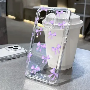 Cute Purple Bow Case for iPhone 16 15 14 Pro Max 13 12 11 XR XS Plus Anti-Yellowing Shockproof Lightweight Transparent soft Cover