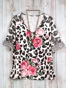 Leopard Rose Print Short Sleeve Top, V Neck Colorblock Ruffle Bell Sleeve, Summer Elegant Casual Loose Fit Plus Size Women's T-Shirt, Womenswear