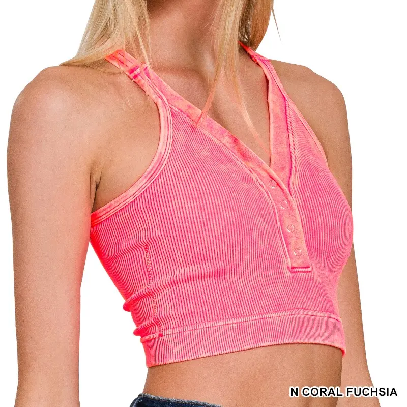 THE ASHLEY ZENANA WASHED RIBBED CROPPED BUTTON V-NECK TANK TOP