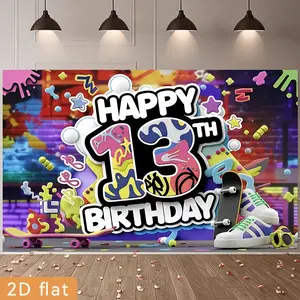 2D Flat, Party Banners 2D Flat Banner, 1pc Polyester Backdrop Happy 13th Birthday Fun, for Party Decor Club, Garden, Farm, Home, Room, No Electricity, Easy to Hang Gift for Halloween, 2D Flat