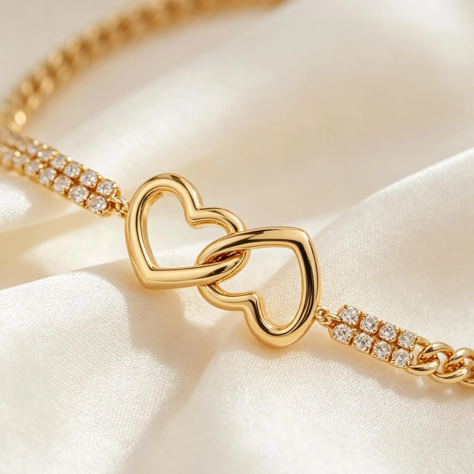 Luvia Jewelry 14K Gold Plated Double Row Tennis Bracelets for Women, Sparkling CZ Bow & Interlocking Double Heart Dainty Charm Bracelet, Hypoallergenic All-Match Fashion Jewelry, Romantic Birthday Daily Summer Gift for Her