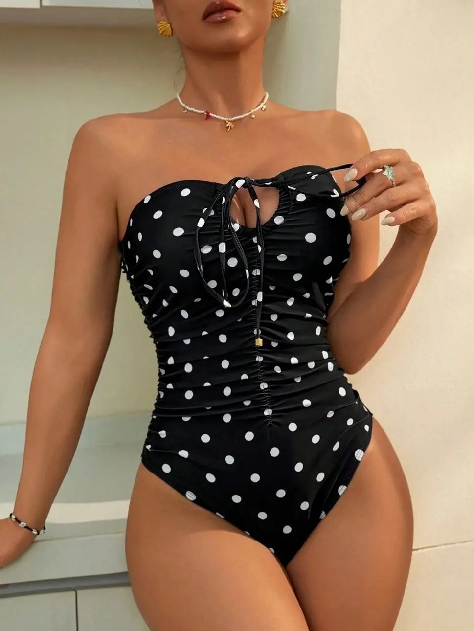 Red and White Striped One-Piece Swimsuit, Ruched Tie-Up Sexy Beachwear for Summer Vacation