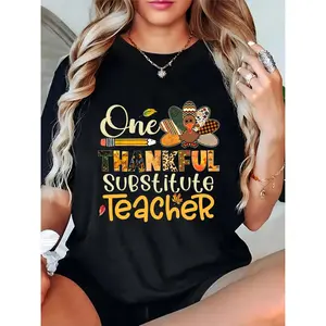 Women's Thanksgiving T - Shirt, One Thankful Substitute Teacher with Turkey, Pencil & Fall Leaves, Casual School Teacher Top for Autumn 100% Cotton T-shirt
