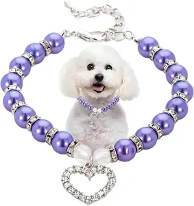 PetFancy Pearl Necklace Collar for Small Dogs & Cats with Crystal Rhinestone Heart Pendants Adjustable Jewelry Clasp for Wedding Birthday Gifts