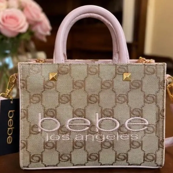 NWT Bebe Los Angeles Monogram Mini Tote Satchel Crossbody Bag Almond Pink Gold Hardware