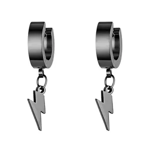 OIDEA Compact Geometric Stainless Steel Lightning Bolt Non-Piercing Clip-On Metal Hoop Earrings - Unisex Polished for Casual Daily Wear, Music Events, Edgy Look