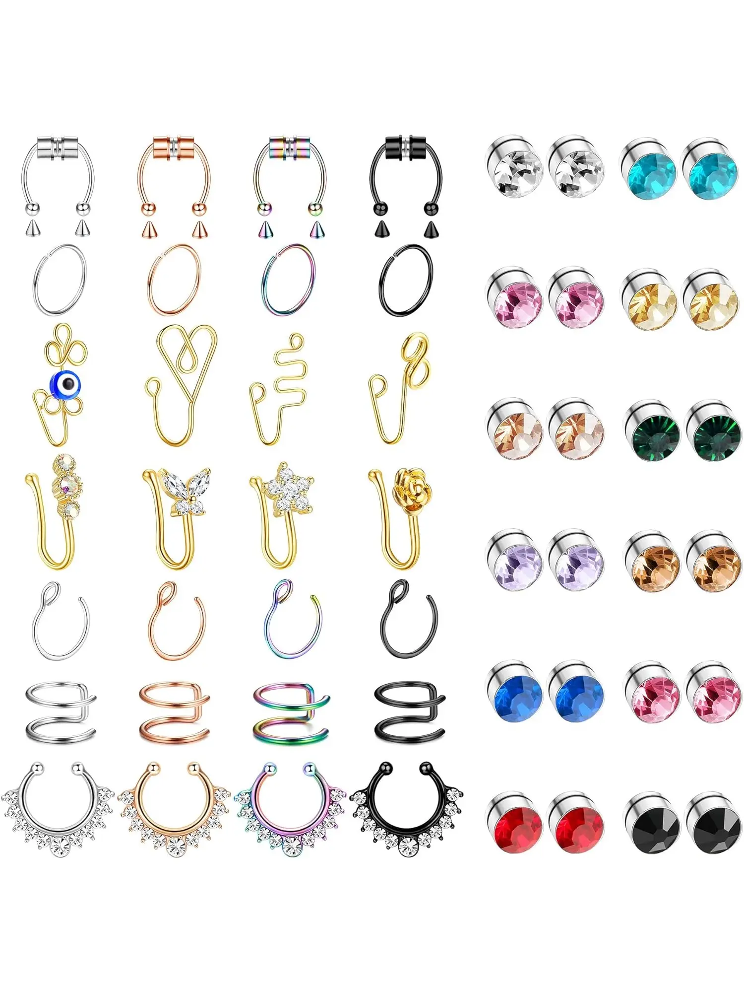 Glamorous 52 Pcs Colorful Fake Nose Rings Copper Stainless Steel Magnetic Septum Nose Rings for Women Men Trendy Nose Cuffs for Non Pierced Nose Magnetic Nose Stud Fake Nose Piercings Faux Pretend Nose Ring Set Non Piercing Jewelry Body Jewelry